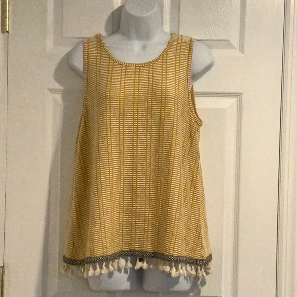 W5/ANTHROPOLOGIE Yellow/Blue Boho Oversized Coastal Fringe Trim Fall Tank Top L